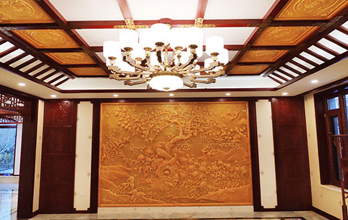 武义中式别墅客厅中式木作横梁吊顶装饰展示